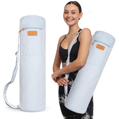 UDANA Canvas Yoga Mat Bag for Women & Men, Full-Zip Carrier with 3 Pockets & Adjustable Strap, Stylish Gym & Pilates Bag – Available in Multiple Sizes - color: Light Blue, size: Large: 1/4" to 2/5" (7-10mm) Thick Mats