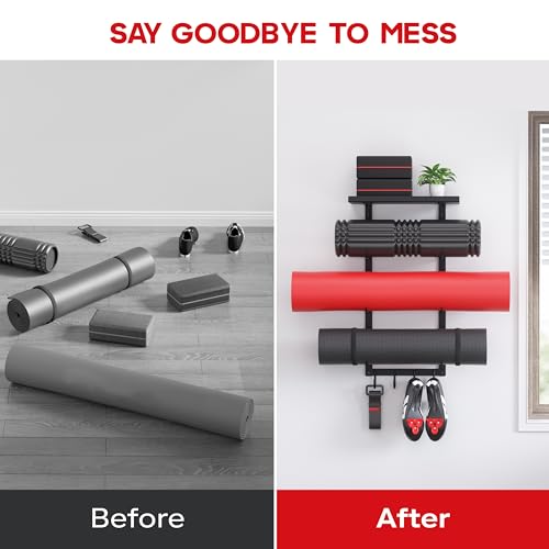 Yoga Mat Holder Wall Mount, Home Gym Storage Rack with Top Floating Shelf | 4-Tiers Fitness Accessories Organizer with Hooks for Foam Roller / Resistance Band / Workout Equipment/ Block / Pilates Strap