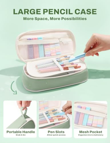 SUNEE Pencil Case with Supplies, 54PCS Aesthetic Stationery Set with 8 Pastel Highlighters, 8 Gel Pens Black Ink, 6 Mechanical Pencils, Back to School, College Essentials for Students, Green - color: Green, style: 54 Pack