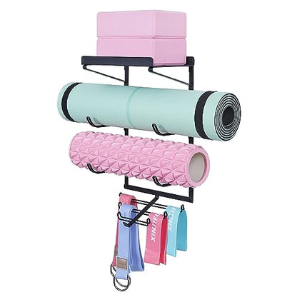 Yoga Mat Holder Wall Mount Storage Shelf Black & Hooks for Resistance Bands | All Metal Sturdy Wall Storage Organizer for Home Gym; 3 Tier for Yoga Mats, 7 Hooks for Bands & Workout Gear; Space Saving