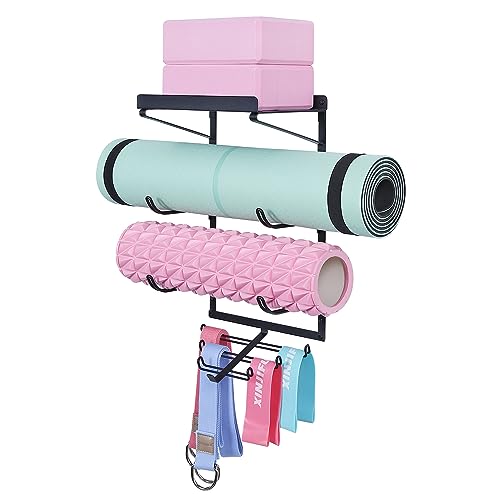 Yoga Mat Holder Wall Mount Storage Shelf Black & Hooks for Resistance Bands | All Metal Sturdy Wall Storage Organizer for Home Gym; 3 Tier for Yoga Mats, 7 Hooks for Bands & Workout Gear; Space Saving