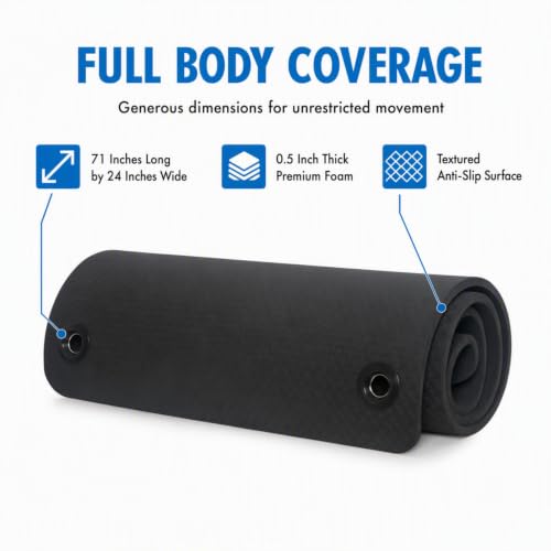 Fitness First Hanging Exercise Mat with Thick 1/2 Inch Foam | Large 71 by 24 inch black pad featuring a textured diamond pattern and two-hole design for easy commercial or home storage