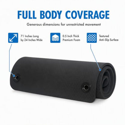 Fitness First Hanging Exercise Mat with Thick 1/2 Inch Foam | Large 71 by 24 inch black pad featuring a textured diamond pattern and two-hole design for easy commercial or home storage