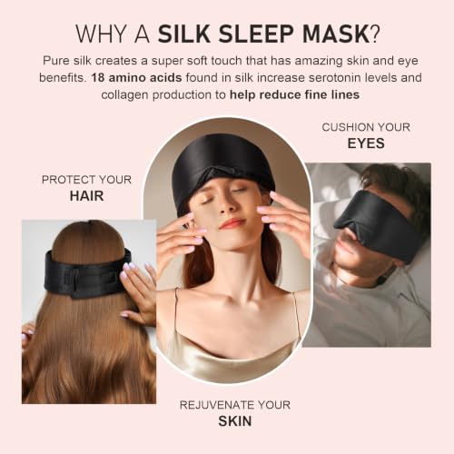 LitBear Silk Sleep Mask for Side Sleeper, Eye Mask Sleeping for Women Men | 100% 22 Momme Pure Mulberry Silk, Face-Hugging Padded Eye Cover for Sleeping with Adjustable Band, Black - color: Black