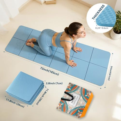 Foldable Yoga Mat Thick Non-Slip Exercise Mat | Packable Travel Fitness Mat, Carrying Bag Included, For Yoga, Pilates, Workout, Home & Gym Use - color: blue