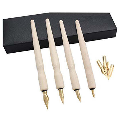 Wooden Professional Manga Pen Dip Pen Set with 4 Nibs Manga Cartoon Comic Drawing Painting Kit - 4 Pcs - color: Wood