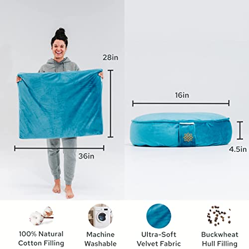 Mindful Modern Meditation Cushion & Mat Bundle - Luxury Velvet Zafu Floor Pillow & Rectangular Mat - Turquoise