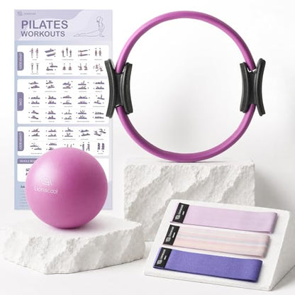 LIONSCOOL Pilates Ring Set 14" Magic Circle, 9" Mini Ball, Resistance Bands - color: Purple