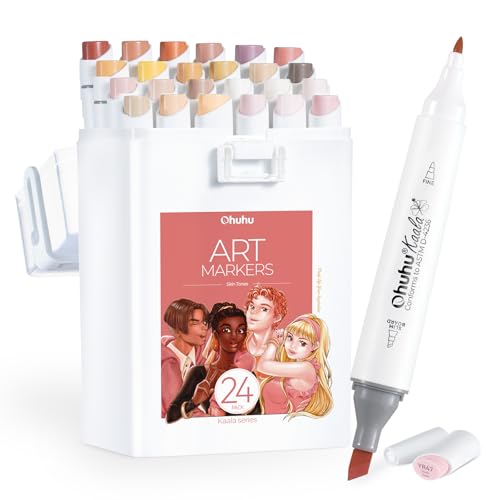 Ohuhu Alcohol Markers 24 Skin Colors Slim Broad& Fine for Portrait Coloring | Dual Tips Alcohol-based Drawing Markers for Artist Beginner Adult Coloring Illustration Sketching Architectural Design, Kaala - color: Skin Tone