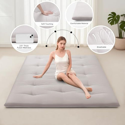 Japanese Floor Mattress, 100% Cotton 2.5" Thicken Foldable Futon Mattress Tatami Mat Sleeping Pad, High Density Foam, Ideal for Comfort and Support, Kids Floor Lounger Pillow Bed Sofa (Gray)