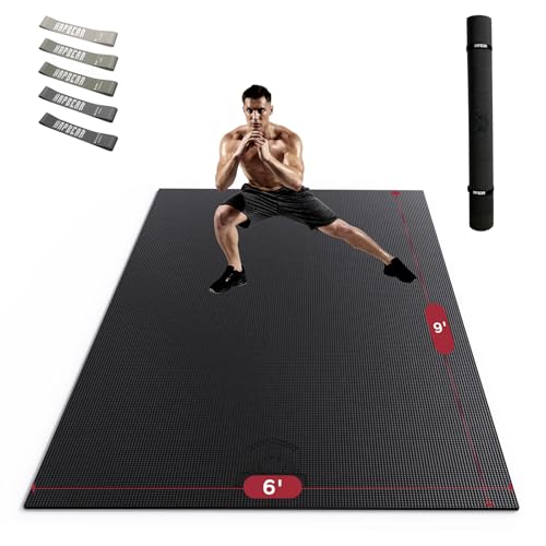 HAPBEAR Large Exercise Mat-6'x4'/7'x5'/6'x8'/6'x9'/6'x10'/6'x12'x 1/3"(8mm) - color: Black-High Density 6'×9'×⅓"