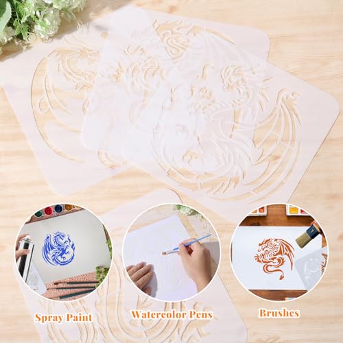ORIGACH 4 Pcs Western & Chinese Dragon Stencils - 7.8x7.8 inch | Reusable Western & Chinese Dragon Large Stencils for Drawing, Painting on Wood, Canvas, Wall - style: Dragon