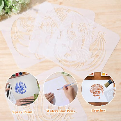 ORIGACH 4 Pcs Western & Chinese Dragon Stencils - 7.8x7.8 inch | Reusable Western & Chinese Dragon Large Stencils for Drawing, Painting on Wood, Canvas, Wall - style: Dragon