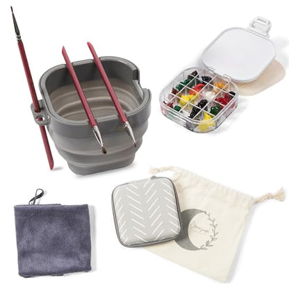 Airtight Watercolor Palette with Lid - Set of 5 Paint Brush Holder Cup with Paint Palette | Acrylic Paint Palette | Paint Brush Cleaner Cup | Painting Accessories | Painting Palette Gifts for Artists - color: Herringbone