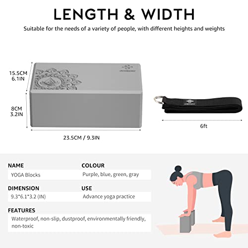 Overmont Yoga Block 2 Pack Supportive Latex-Free EVA Foam Soft Non-Slip Surface for General Fitness Pilates Stretching and Meditation 9"x6"x3" Yoga Strap Included - color: Grey