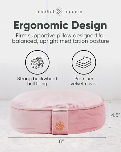 Mindful Modern Velvet Meditation Cushion | Luxe Zafu Yoga Floor Pillow Seat | Posture Support | Buckwheat Hull Filled | Large Round Cushion with Removable Washable Cover + Carry Handle - color: Blush Pink