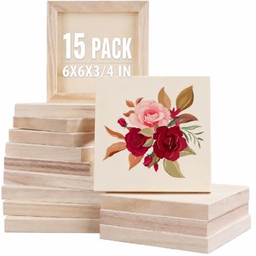 ABuff 15 Pack Wood Panels 6x6 Inch 3/4’’ Deep Wood Panel Boards | Unfinished Wood Canvas Boards for Painting, Square Wooden Panels for Painting Crafts, Pouring, Arts Use with Oils, Acrylics