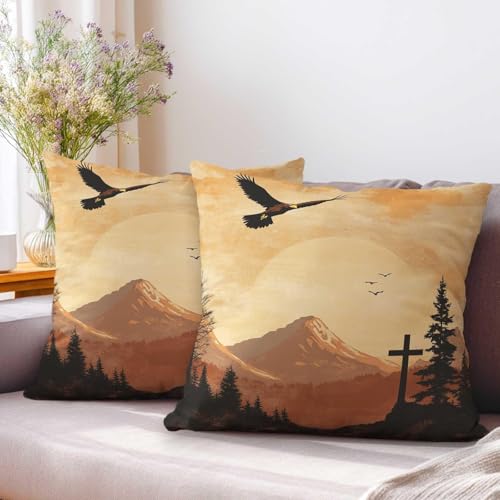 Mountain Throw Pillow Covers 18x18 Set of 2 | Christian Cross Decorative Cushion Covers | Rustic Faith Pillowcases for Sofa Couch Bed Cabin Lodge Living Room Home Decor - color: Mountain Cross