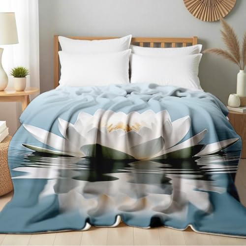 Lotus Flower on Water Print Blanket White Floral Throw Blanket Zen Flannel Throw for Couch Bed Office Yoga Room Meditation Spa Decor Gifts (49"x59") - color: Blue, size: 49"x59"
