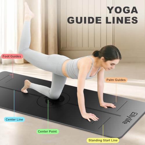 Yoga Mat - Non Slip Natural Rubber Yoga Mat, Alignment Lines, Ultimate Grip | Anti-Tear, Durable & Thick 5mm, Skin-Friendly with Free Carry Strap, Bag, for Yoga, Pilates Fitness and Floor Exercises - color: Black
