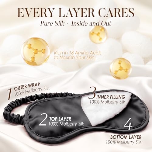 LULUSILK Mulberry Silk Sleep Eye Mask Blindfold with Elastic Strap Headband, Soft Eye Cover Eyeshade for Night Sleeping, Travel, Nap(Black), Pack of 1 - color: Black-2