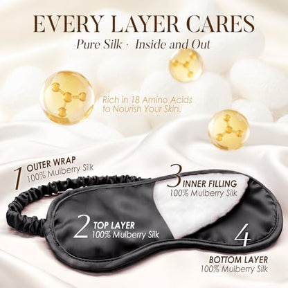 LULUSILK Mulberry Silk Sleep Eye Mask Blindfold with Elastic Strap Headband, Soft Eye Cover Eyeshade for Night Sleeping, Travel, Nap(Black), Pack of 1 - color: Black-2