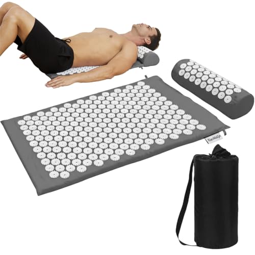 XiaoMaGe 28.7" Acupressure Mat and Pillow Set with Carry Bag (Gray) | Large acupuncture mat for neck & back pain relief, muscle relaxation, circulation support, and post-workout recovery - color: Gray