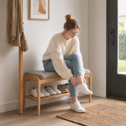 Oak Wood Shoe Bench, 40 Inch Entryway Bench with Gray Cushion - color: Natural + Gray Cushion, size: 39.37"