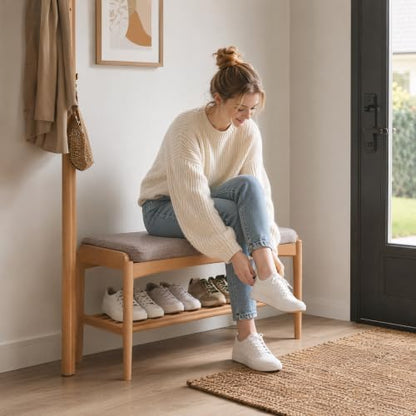 Oak Wood Shoe Bench, 40 Inch Entryway Bench with Gray Cushion - color: Natural + Gray Cushion, size: 39.37"