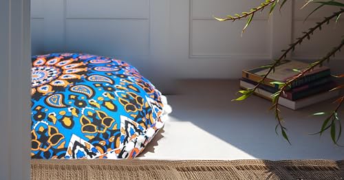 CRAFT KALA 22" Mandala Meditation Floor Pillows Cover Pouf Cover Round Seating Bohemian Mandala Cotton Floor Cushion Cover Outdoor Fireplace Seating Living Room Yoga Room Home Décor Blue Yellow Flower - color: Blue Yellow Flower
