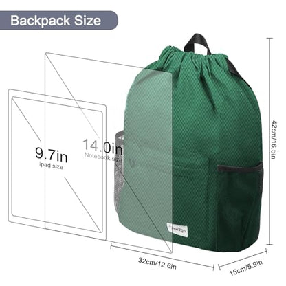 Waterproof Drawstring Backpack Sports Gym Sackpack with Mesh Pockets Water-Resistant String Cinch Beach Bag for Men Women - color: Solid - Green