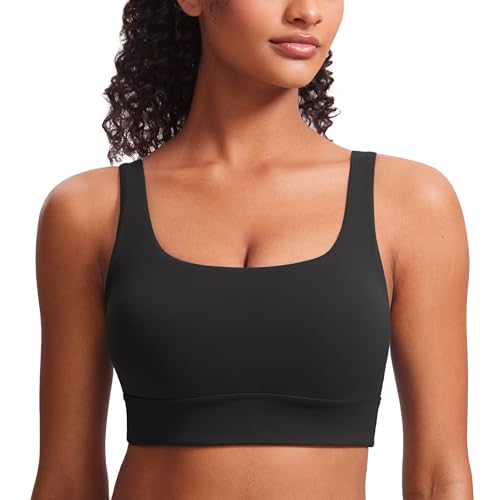 CRZ YOGA Butterluxe U Back Sports Bras | Light Support, Removable Pads, Yoga, Extremely Soft, Longline, Scoop Neck, Wide Straps, for Women - color: Black, size: Medium