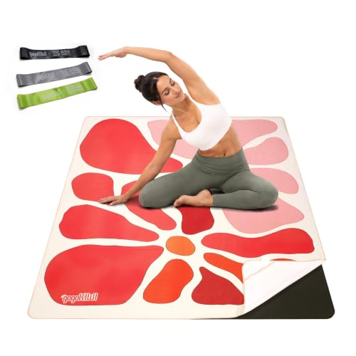 Gogokiwi Yoga Mat and Towel Set, 72 x 48 in, 1/2 in, Non Slip for Hot Yoga | Extra large, covers whole mat, 4 corner pockets, washable microfiber, rug-style print, hot yoga, home workout, home decor - color: Fauve Red & Pink