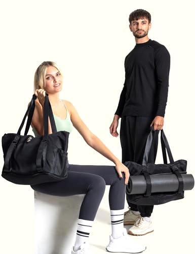 Yoga Mat Carrier: Extendable, Built-In Mat Straps & Laptop Pocket. Carry All Yoga Gym Work Accessories. Large Yoga Gym Tote Bag for Women & Men - color: Black