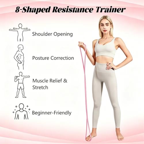Silicone Figure 8 Resistance Band for Shoulder Back Stretch | 8-Shaped Resistance Band, Thickened Seamless Silicone, Portable Pilates Home Office Travel Use, For Men & Women, Pink