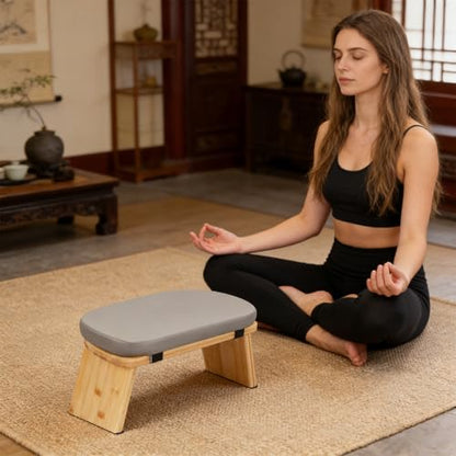 Foldable Meditation Bench 17.3 x 7.5 x 8.3 in, Bamboo Knee Bench for Yoga - color: Wood Color With Coffee/Gray/Green
