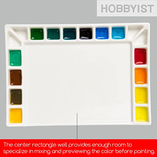 MEEDEN 18-Well Porcelain Artist Paint Palette, Mixing Art Ceramic Watercolor Paint Palette for Watercolor Gouache Acrylic Oil Painting, Rectangle 8 by 5-1/2-Inch