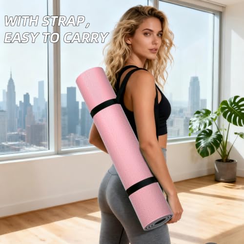 ILILI 10mm Extra Thick, TPE Yoga Mat, 76×28 Inch Extra Long, Carrying Strap - color: Pink+Black