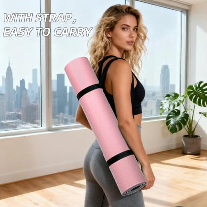 ILILI 10mm Extra Thick, TPE Yoga Mat, 76×28 Inch Extra Long, Carrying Strap - color: Pink+Black