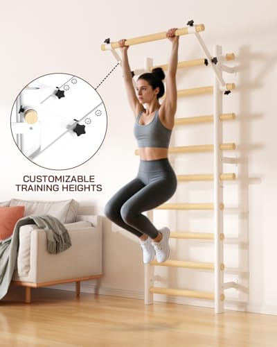 Cofiyard Swedish Ladder Wall Gym, Wooden Wall-Mounted Stall Bars with Pull-up Bar & Exercise Straps & Dip Bars, Stretching Ladder Full Body Home Gym Adults New - color: White