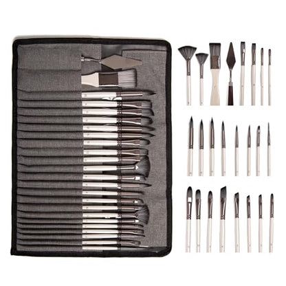 Paint Brushes Set, 24 Pcs Artist Paint Brush Set with Nylon Bristles, Wooden Handles, Roll-Up Canvas Case and Palette Knife for Acrylic, Watercolor, Oil, Gouache, Canvas Painting, Pearl White - color: Pearl White