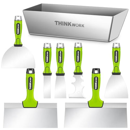 THINKWORK 8Pcs Drywall Tools, Drywall Knife Set with 10" Mud Pan | Stainless Steel Putty & Taping Knives, Painter Scraper, Spackle Tool Set for Joint Finishing & Patching, Soft Grip