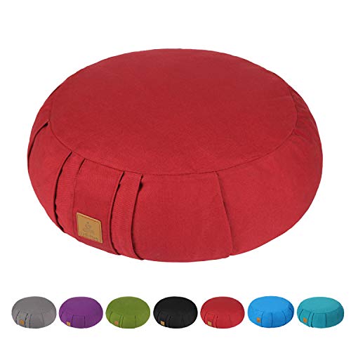 Round Zafu Meditation Cushion, D=15" H=5.5" Zabuton Meditation Pillow, Yoga Bolster/Pillow, Floor seat, Zippered Organic Cotton Cover, Natural Buckwheat, Kneeling Pillow - color: Wine Red