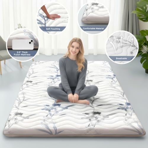 SCHNAUZER HOME Japanese Futon Floor Mattress Twin 3.5" Thick Ink Wash | Foldable Mattress Tatami Mat Sleeping Pad, 100% High Density Foam, Roll Up Floor Lounger for Living Room RV, Floral Pattern - color: Ink Wash White, size: Twin( 80 x 39 )