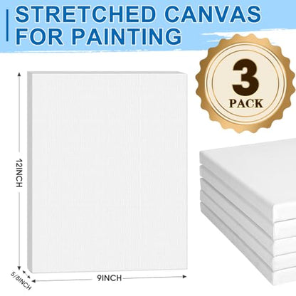 ESRICH Stretched Canvas for Painting, 3 Pack 9x12 Inch Canvas Value Pack,Primed Acid-Free Cotton Blank Canvases, Painting Canvas for Oil & Acrylic Paint. - size: 9x12in