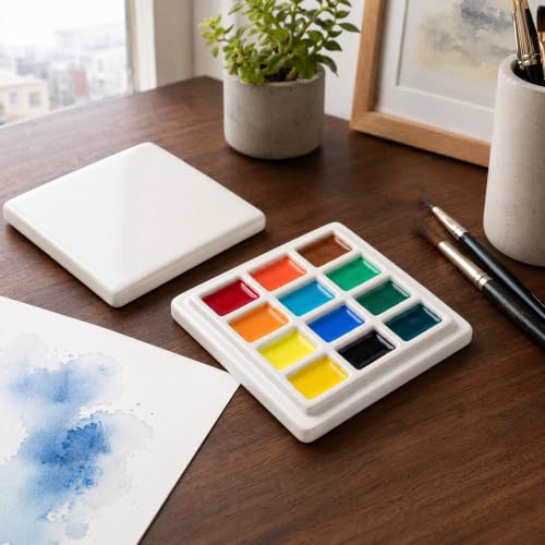 12 Grids Ceramic Palette - Durable Mixing Tray for Watercolor, Gouache, Acrylic, and Oil Paints