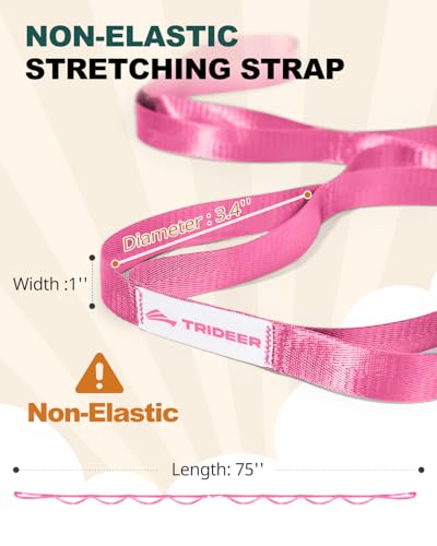 Trideer Non-Elastic Stretching Strap with Loops for Physical Therapy & Rehab, Knee Hip Leg ROM Post-Surgery, Yoga Strap for Stretching, Leg Lifter Strap Mobility Aid, Hamstring Calf Back - color: Pink/75"x1"