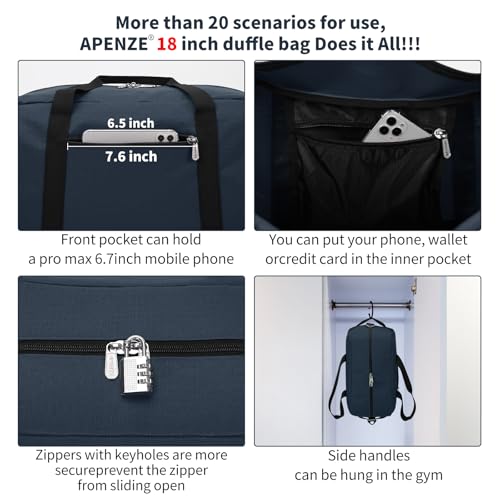 Apenze Small Gym Bag 18 inch Carry On Duffel Bag for Weekender Travel - Navy Blue - color: Navy Blue, size: 18inch
