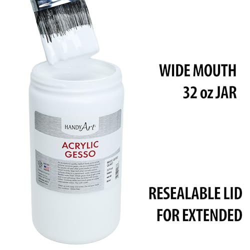 Handy Art Acrylic Gesso, 32 oz, White, Primer for Canvas, Wood, & Artist Painting Surfaces, Enhances Acrylic Paint Adhesion, Low Viscosity, Thick Coverage, Certified Safe & AP Non-Toxic, Made in USA - color: White Gesso, size: 32 Fl Oz (Pack of 1)