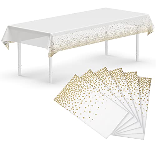Neatiffy 54 x 108 Inch Rectangle Plastic Table Cloth Picnic/Camping/Birthday Party/Banquet Table Cover. Disposable/Reusable Tablecloths - White with Golden Dot - color: White With Golden Dot